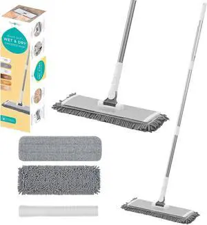True & Tidy® Heavy Duty Wet and Dry Pet Sweeper Dust Mop, Includes 1 Microfiber and 1 Chenille Mop Pad, Aluminum Mop Head, for All Types of Floors, for Cleaning Pet Hair
