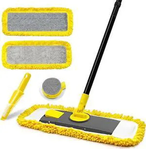 Dust Mop with Microfiber & Chenille Pads, Dry Wet Flat Mop for Cleaning Hard Wood Laminate Tile Vinyl Kitchen Bathroom Home (Yellow)