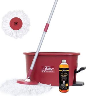 Fuller Brush Spin Mop Bucket System - Easy Wring, 360° Spin - Streak Free Floor Cleaning - 2 Microfiber Mop Heads  Plus Fullers Double Strength Oil Soap
