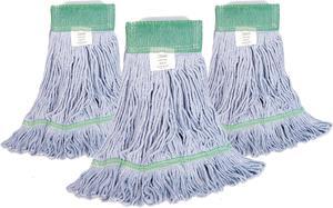 Cotton/Synthetic Wet Mop Head, Cleaning Supplies, Replacement Looped End Mop Head, High Absorbency, High Tensile Strength, Launderable, Medium Size, Blue (Pack of 3)
