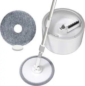 VENETIO Water Filtration Microfiber Spin Mop and Bucket Set  Self Wringing Wet Dry All-in-One Round Mop System with 2 Pads, Safe on All Floor Types Hardwood, Marble, Tile, Vinyl, Laminate, White/Grey