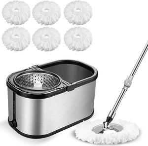 Spin Mop Bucket System Stainless Steel Bucket and Mop Set with 6 Microfiber Replacement Head Refills, Floor Mop with 4 Wheel