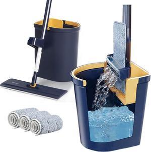 Flat Floor Mop and Bucket Set with Hands-Free and Self-Wringing | Mop for Floor Cleaning, Floor Mop with Reusable Microfiber Mop Pad, for Hardwood, Laminate and Tile Floors, (Navy)