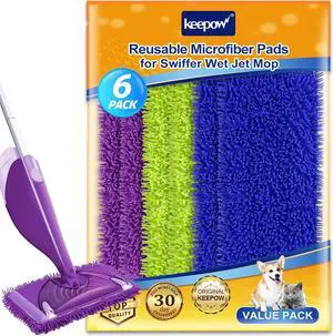 Reusable Floor Mop Pads Compatible with Swiffer Wet Jet Refills 6 Pack, Machine Washable, 12-inch Microfiber Mop for Swiffer Wet Pads, Eco-Friendly Household Cleaning Supplies