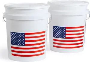 United Solutions 5 Gallon Bucket, Heavy Duty Plastic Bucket, Comfortable Handle, Perfect for on The Job, Home Improvement, or Household Cleaning, White with USA Flag, Pack of 2