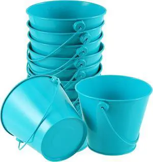 SHEUTSAN 10 Pack 4.7 x 4 Inches Mini Metal Buckets, Aqua Blue Metal Bucket with Handle, Metal Planter Pails Container, Decorative Small Bucket for Party Favors, Easter, Crafts, Gardening