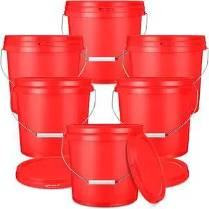 6 Pcs 2 Gallon Plastic Bucket Pail Container with Lid Heavy Duty Reusable Water Bucket with Metal Handle for Storage Ice(Red)