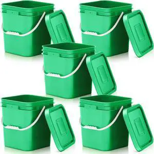 Mumufy 5 Pcs 3.5 Gallon Square Food Grade Bucket Square Bucket with Lid Food Square Grade Bucket Pail with Plastic Handle and Lid Square Buckets for Storing Dry Food Charcoal Camping Fishing (Green)