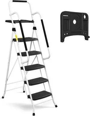HBTower 5 Step Ladder with Handrails, Folding Step Stool Portable Steel Ladder for Adults for Home Kitchen Library Office, White
