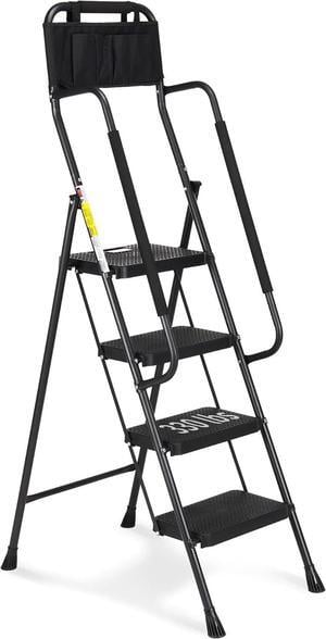 HBTower 4 Step Ladder with Handrails, 330 lbs Folding Step Stool with Attachable Tool Bag & Anti-Slip Wide Pedal for Home Kitchen Pantry Office, Black