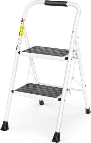 HBTower 2 Step Ladder, 2 Step Stool for Adults,2 Step Ladder Folding Step Stool with Cushioned Handle Step Ladder with Wide Anti-Slip Pedal Ergonomic Design,White