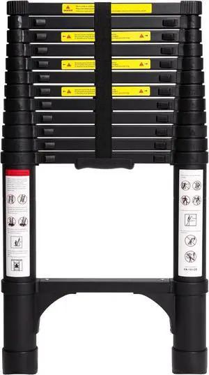 BOCOM 12.5 FT Aluminum Telescoping Ladder, Lightweight Multi-Purpose Collapsible Extension with 2 Triangle Stabilizers, Heavy Duty 330 lbs Max Capacity, Ideal for Home, RV, and Outdoor Work Black