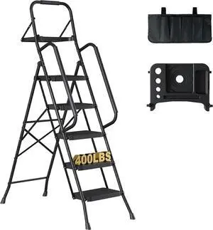 BONTEC 5-Step Ladder, Folding Step Stool with Tool Platform, Tool Bag, and Handrails, Wide Anti-Slip Pedals, Sturdy Steel Ladder with a Max Load Capacity of 400 lbs, for Household Use, Black