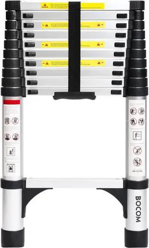 BOCOM 10.5 FT Aluminum Telescoping Ladder, Lightweight Multi-Purpose Collapsible Extension with 2 Triangle Stabilizers, Heavy Duty 330 lbs Max Capacity, Ideal for Home, RV, and Outdoor Work Silver