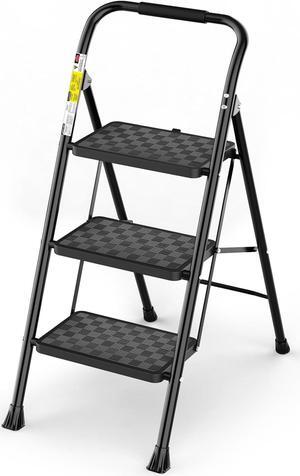 HBTower 3 Step Ladder, 3 Step Stool for Adults, 3 Step Ladder Folding Step Stool with Cushioned Handle Step Ladder with Wide Anti-Slip Pedal Ergonomic Design,Black