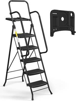 HBTower 5 Step Ladder, Folding Step Stool with Wide Anti-Slip Pedal, Sturdy Steel Ladder, Convenient Handrail, Lightweight, Portable Steel Step Stool