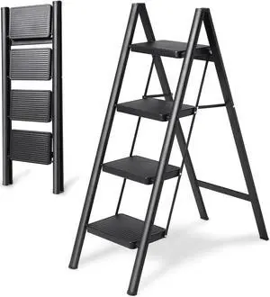 4 Step Ladder Folding Step Stool, Heavy Duty 330 Lbs Load Step Ladders for Home, Tall Kitchen/Closet Stepladder for Adults, Black Small & Lightweight Ladder with Anti-Slip Wide Pedals by OOSOFITT