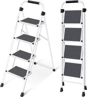 KINGRACK Step Ladder 4 Step Folding Step Stool for Adults with Handrails Heavy Duty Steel Sturdy Lightweight Collapsible Portable Step Ladder with Anti-Slip Wide Pedal,White