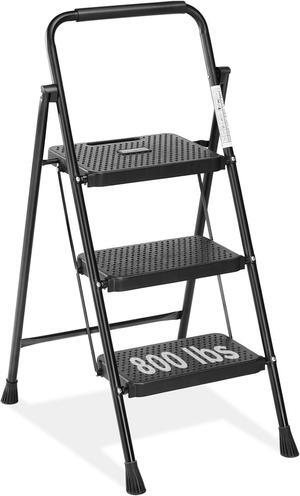 Sweetcrispy 3 Step Ladder, 800lbs Sturdy Portable Ladder, Folding Step Stool with Wide Anti-Slip Pedal, Cushioned Handle, Lightweight Step Stool for Home Kitchen and Outdoor