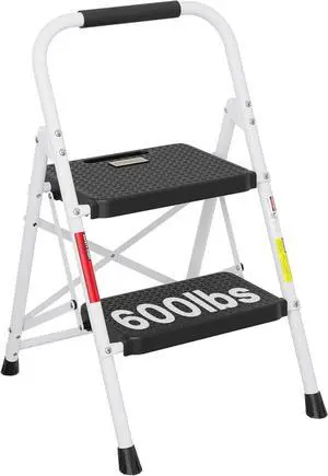 BONTEC 2-Step Ladder, Folding Step Stools for Adults with Wide Anti-Slip Pedals, Max Load Capacity 600lbs Sturdy Steel Ladder, Lightweight, Convenient Handle, Portable Steel Step Stool, White
