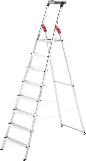 Hailo L60 StandardLine Aluminum Safety Step Ladder - Folding Ladder With 8 Steps, 330 lb Capacity - Stable Guide Pillar, Shelf Included - Made in Germany, Stainless - Silver