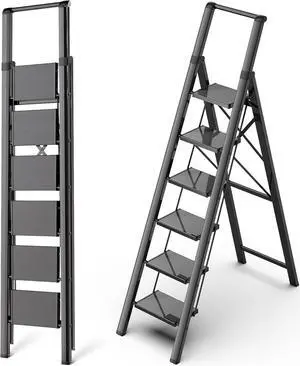 GameGem 6 Step Ladder, Aluminum Folding Step Stool with Anti-Slip Sturdy and Wide Pedal, Portable Lightweight Stepladder with Convenient Handgrip for Home, Office, Kitchen Use Black, 330 lbs Capacity