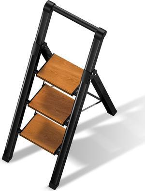 3 Step Ladder, Folding Step Stool with Aluminum Wide Pedal& Convenient Handgrip, 330lbs Capacity Steel Ladder for Household and Office (Black & Woodgrain)