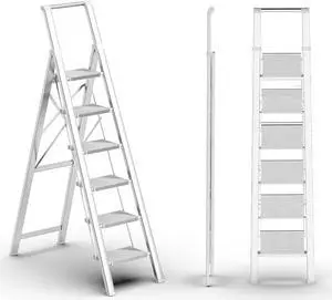 6 Step Ladder, Folding Step Stool with Handgrip and Anti-Slip Wide Pedal, Portable Lightweight Aluminum Stepladder for Kitchen, Home, Library, Office (300 lbs Capacity) - White