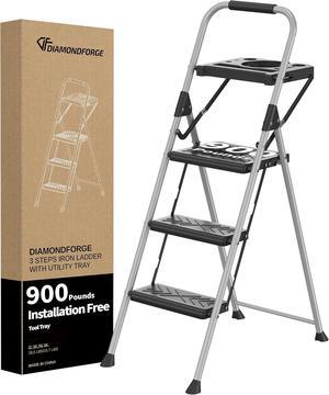 3 Step Ladder, Folding Step Stool with Tool Platform, Wide Anti-Slip Pedal and Anti-Slip Feet, Sturdiest Steel Construction, 900lbs Capacity Steel Ladder for Home Office, Grey