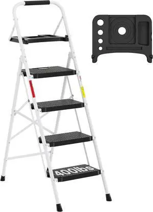 BONTEC 4-Step Ladder, Folding Step Stool with Tool Platform, Wide Anti-Slip Pedals, Max Load Capacity 400lbs Sturdy Steel Ladder, Lightweight Portable Ladder, Tall Step Ladder for House Use, White