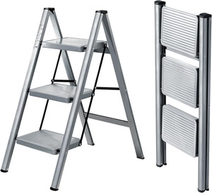 thumbnail image 2 of Segawe 3 Step Folding Ladder – Wide Anti-Slip Pedals, 300lb Capacity, Sturdy Steel Construction – Silver/Black 2 of 3