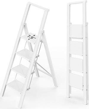 WOA WOA 4 Step Ladder, Stepping Ladder with Wide Rungs, Folding Aluminum Ladder with Non-Slip Feet, Portable Lightweight Ladder with Handle, Easy to Store, 330 lbs Load - White