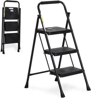 Step Ladder 3 Step Folding with Handgrip, 500Lbs Steel Step Stool, Folding Ladder with Anti-Slip Wide Pedals, Portable Kitchen/Closet Small Step Ladder, Multi-use Step Stool Black by Double Elite