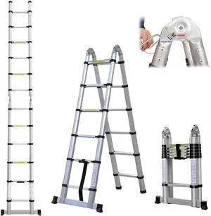 A-Frame Telescoping Ladder 12.5ft 6 + 6 Steps Adjustable Height with Support Bar Anti-Slip Feet, 330lbs Max Load, Folded Height 2.7ft Space Saving Easy to Transport, Heavy Duty RV Home Ladder