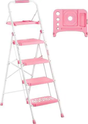 BONTEC 4-Step Ladder, Folding Step Stool with Tool Platform, Wide Anti-Slip Pedals, Max Load Capacity 400lbs Sturdy Steel Ladder, Lightweight Portable Ladder, Tall Step Ladder for House Use, Pink
