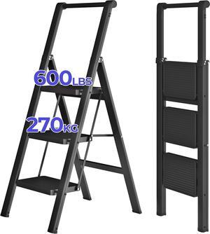 JOISCOPE 3 Step Ladder, Foldable Step Stools for Adults with Wide Anti-Slip Pedal, 600lbs Lightweight Sturdy Steel Ladder,Convenient Handgrip,Portable Folding Ladder for Home Kitchen Office,Black