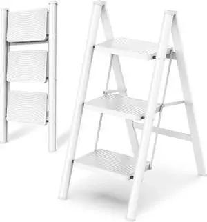 HBTower Step Ladder 3 Step Folding, Small Step Stool for Adults, Closet Step Stool Lightweight Kitchen Ladder 3 Step Ladder with Anti-Slip Wide Pedals, White