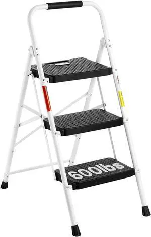BONTEC 3-Step Ladder, Folding Step Stool with Wide Anti-Slip Pedals, Max Load Capacity 600lbs Sturdy Steel Ladder, Convenient Handgrip, Lightweight Portable Step Stool for Adults, White