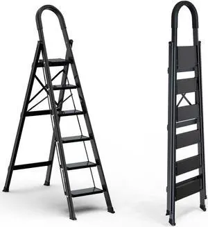 GameGem Lightweight Aluminum 6 Step Ladder Folding Step Stool Stepladders with Anti-Slip and Wide Pedal for Home and Kitchen Use Space Saving (Black)