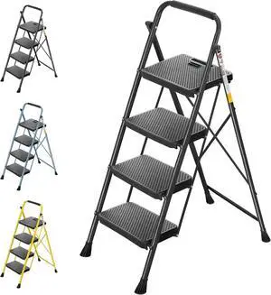 TICONN 4 Step Ladder, Heavy Duty Foldable Step Stool, Portable Steel Folding Stool for Household Garage Storage (Black)