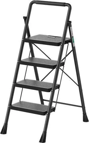 4 Step Ladder, RIKADE Folding Step Stool, Step Stool with Wide Anti-Slip Pedal, Lightweight, Portable Folding Step Ladder with Handgrip, Multi-use Steel Ladder for Household and Office Black
