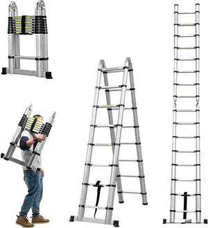 Aluminum Telescopic Extension Ladder A-Frame 2-in-1, Portable Collapsible with Stabilizer Bar,6+6 Steps Adjustable Height, 12.5FT in Straight Line & 6.25FT A-Frame, 330lbs Max Load