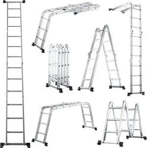 Goplus 12.2 FT Folding Step Ladder, 7-in-1 Multi-Position Aluminium Extension Ladder with Reinforced Stabilizer Bar & Non-Slip Foot Pads for Home Use Outdoor Work, Heavy Duty 330 LBS Weight Capacity