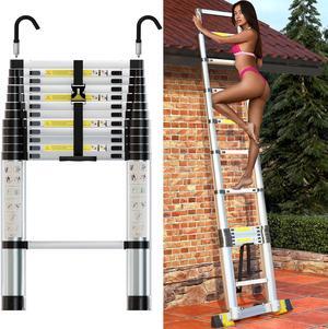Folding Telescoping Ladder 12.5 FT, Aluminum Extendable Ladder with 2 Detachable Hooks, Retractable Telescopic Extension Ladder for Indoor Or Outdoor, Lightweigh Collapsible Telescoping Ladders