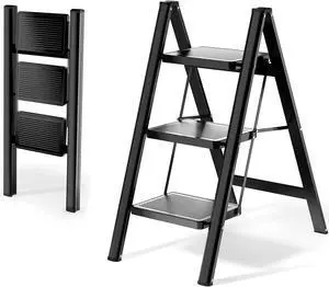 Step Ladder 3 Step Folding, Sturdy 330 Lbs Small Step Stool for Adults, Closet Step Stool Ladder with Anti-Slip Wide Pedals, Portable Folding Ladder for Home Kitchen Office