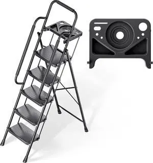 KINGRACK 5 Step Ladder, Folding Step Stool with Safe-Lock Design, 500 lbs Sturdy Steel Ladder with Tool Platform, Wide Anti-Slip Pedal, Convenient Handrail for Household and Kitchen, Black