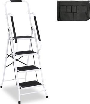 Usinso 4 Step Ladder Tool Ladder Folding Portable Steel Frame MAX 500 lbs Non-Slip Side armrests Large Area Pedals Detachable ToolBag Suitable for Home Office Engineering White