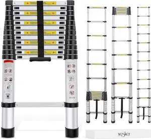 Yesker 12.5ft Telescoping Ladder Aluminum Telescopic Extension Multi Purpose Ladders EN131 Certified - Extendable with Spring Load Locking Mechanism Non-Slip - 330 lb Max Capacity, Silver/Black