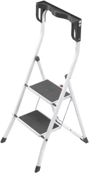 Hailo Safety Plus | Steel Folding Stepladder | Two Large Steps with Non-Skid mats | High Curved Safety bar and Storage Tray | Ergonomic Knee Support | Folding Safety Mechanism | White