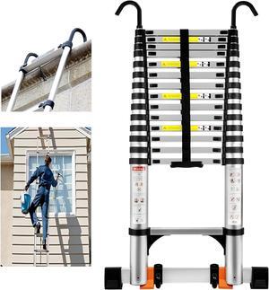 Telescoping Ladder, 14.5FT Aluminum Portable Extension Ladder w/Hooks, Stabilizers& Wheels, Heavy Duty 330lbs Max Capacity, Collapsible Telescopic Ladder for Rv, Roof, Attic, Outdoor -Silver